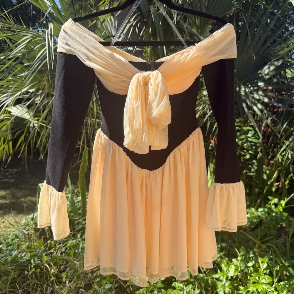 House of CB Alana Black and Cream Off Shoulder Dress